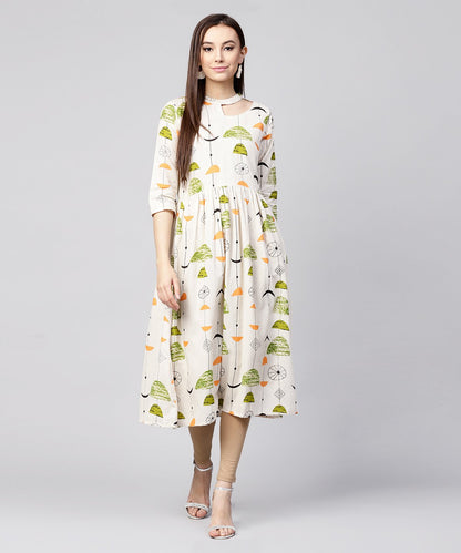 Off White Printed Half Sleeve Cotton Flax Anarkali Kurta | LASVINI - Redefining Indian Fashion with Elegance