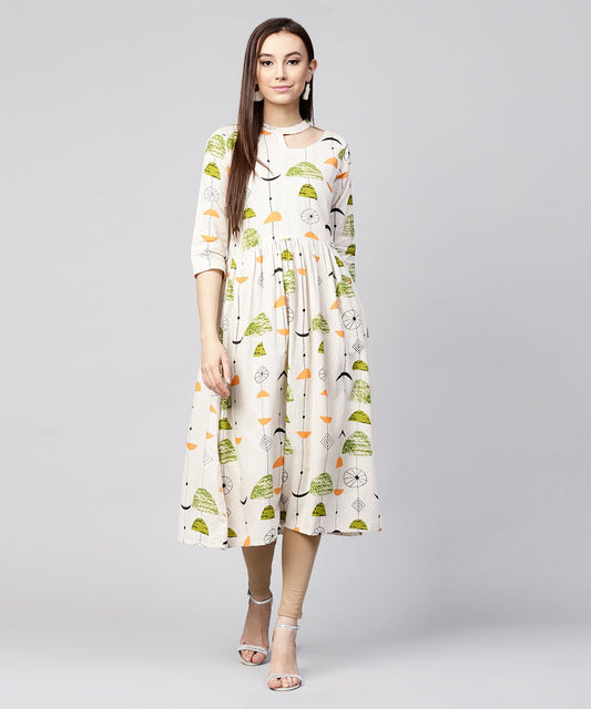 Off White Printed Half Sleeve Cotton Flax Anarkali Kurta | LASVINI - Redefining Indian Fashion with Elegance