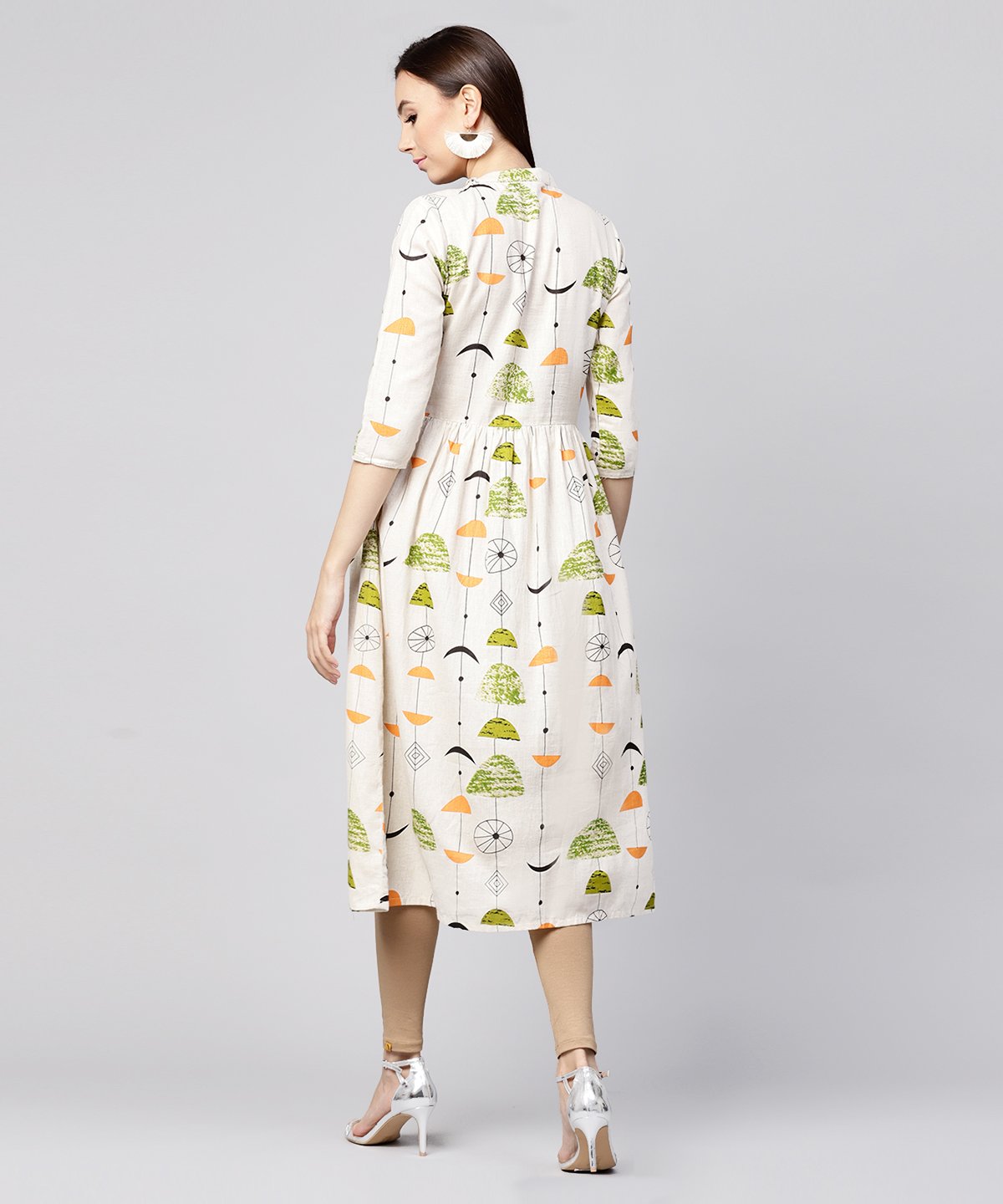 Off White Printed Half Sleeve Cotton Flax Anarkali Kurta | LASVINI - Redefining Indian Fashion with Elegance