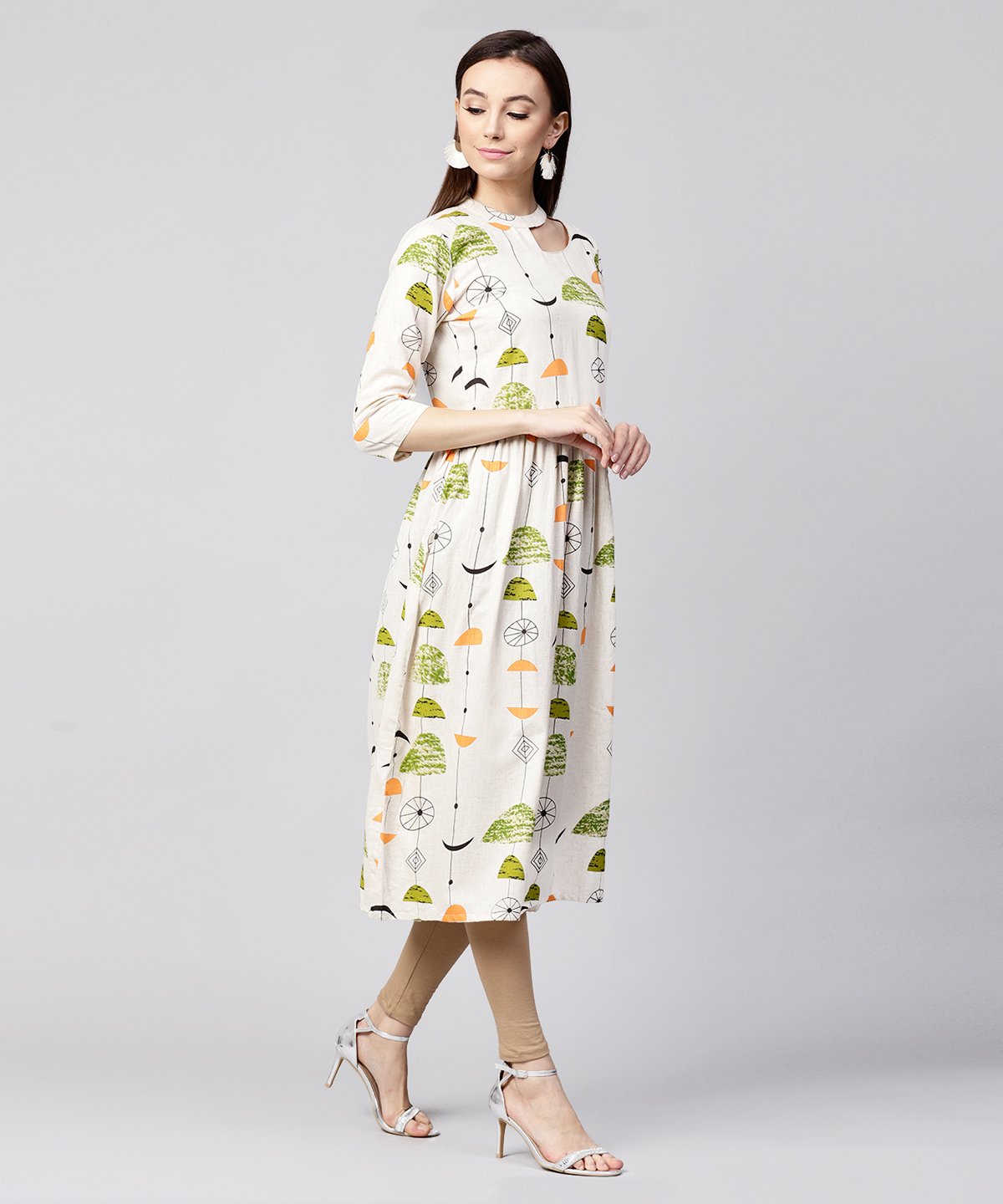 Off White Printed Half Sleeve Cotton Flax Anarkali Kurta | LASVINI - Redefining Indian Fashion with Elegance