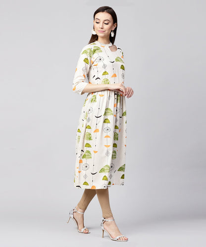 Off White Printed Half Sleeve Cotton Flax Anarkali Kurta | LASVINI - Redefining Indian Fashion with Elegance