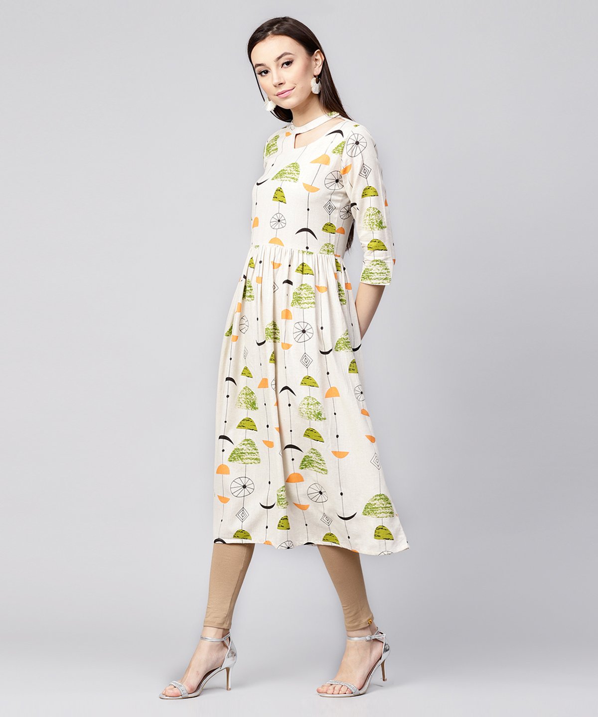 Off White Printed Half Sleeve Cotton Flax Anarkali Kurta | LASVINI - Redefining Indian Fashion with Elegance