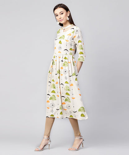 Off White Printed Half Sleeve Cotton Flax Anarkali Kurta | LASVINI - Redefining Indian Fashion with Elegance