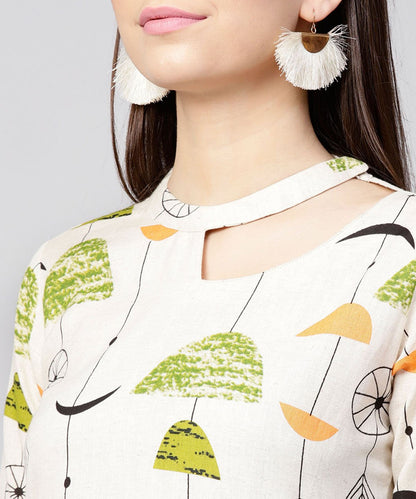 Off White Printed Half Sleeve Cotton Flax Anarkali Kurta | LASVINI - Redefining Indian Fashion with Elegance