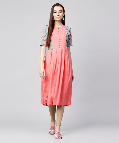 Pink Half Sleeve Cotton Slub Printed Anarkali Kurta | LASVINI - Redefining Indian Fashion with Elegance