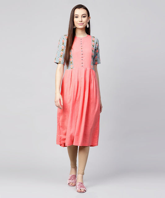 Pink Half Sleeve Cotton Slub Printed Anarkali Kurta | LASVINI - Redefining Indian Fashion with Elegance