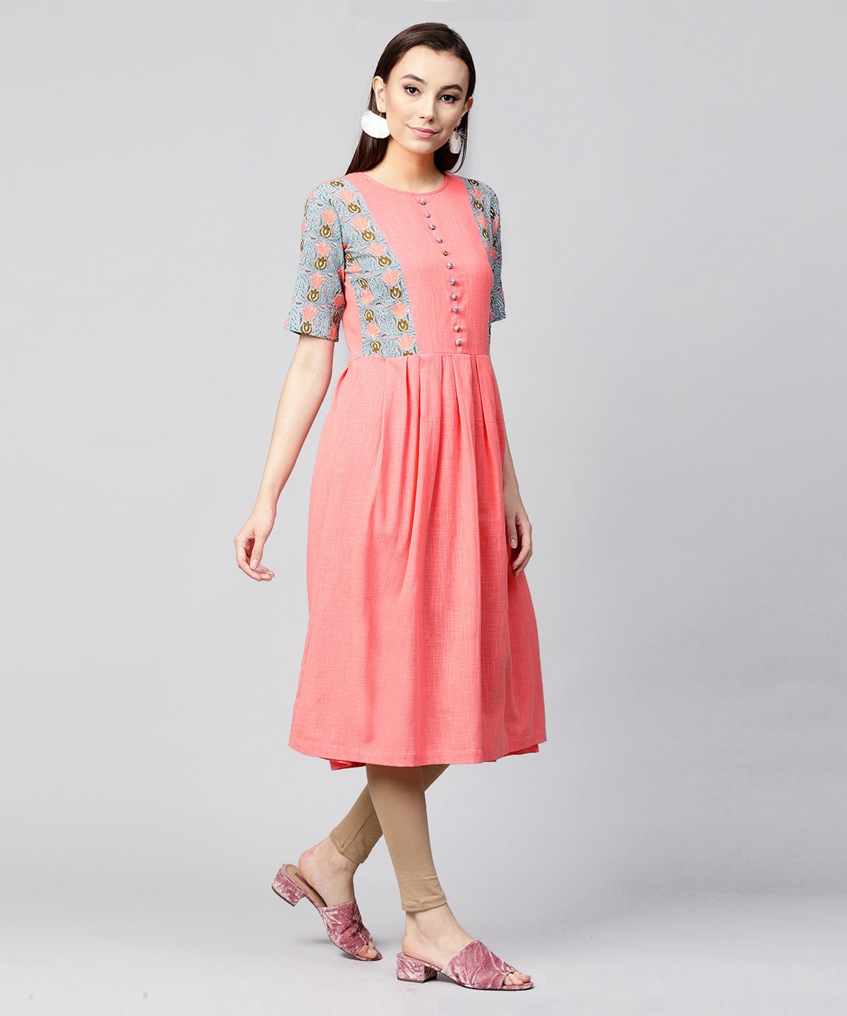 Pink Half Sleeve Cotton Slub Printed Anarkali Kurta | LASVINI - Redefining Indian Fashion with Elegance