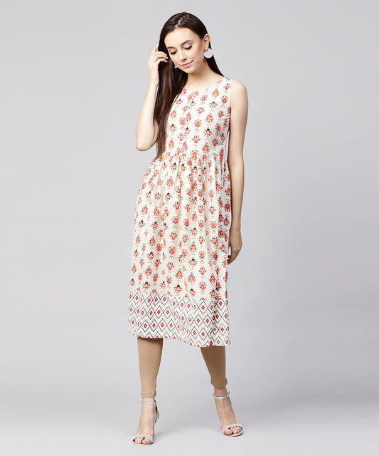 Off White Printed Sleeveless Cotton Flax Anarkali Kurta | LASVINI - Redefining Indian Fashion with Elegance