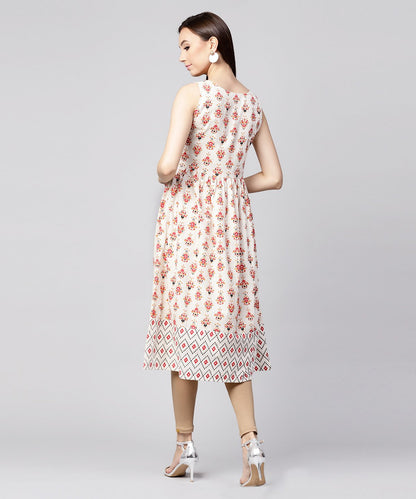 Off White Printed Sleeveless Cotton Flax Anarkali Kurta | LASVINI - Redefining Indian Fashion with Elegance