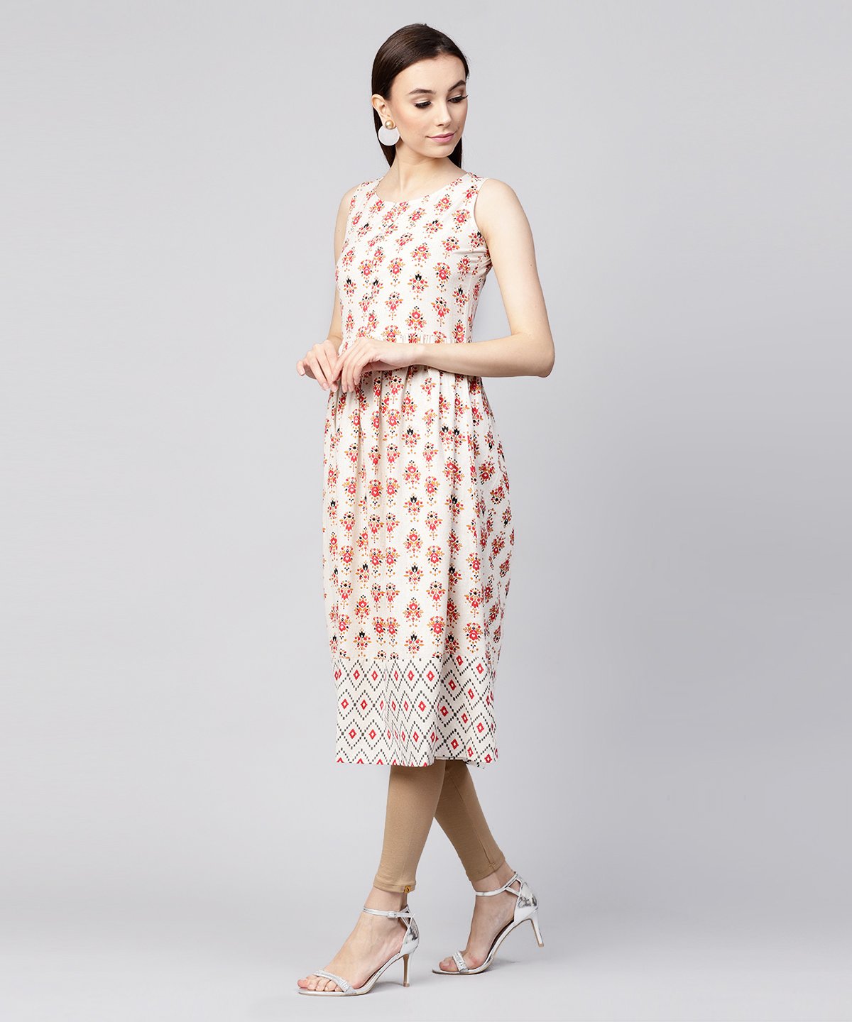 Off White Printed Sleeveless Cotton Flax Anarkali Kurta | LASVINI - Redefining Indian Fashion with Elegance