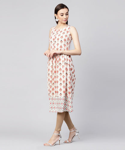 Off White Printed Sleeveless Cotton Flax Anarkali Kurta | LASVINI - Redefining Indian Fashion with Elegance