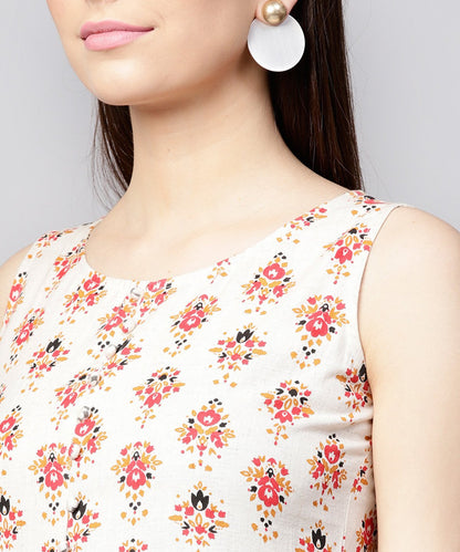 Off White Printed Sleeveless Cotton Flax Anarkali Kurta | LASVINI - Redefining Indian Fashion with Elegance