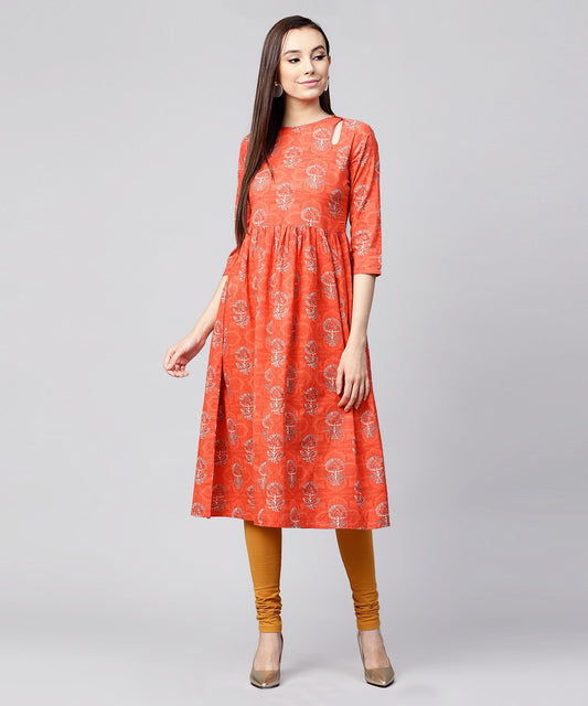 Red Printed 3/4Th Sleeve Cotton Anarkali Kurta | LASVINI - Redefining Indian Fashion with Elegance