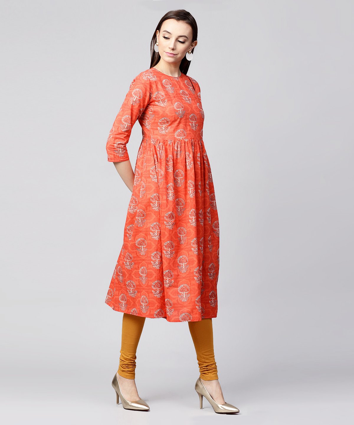 Red Printed 3/4Th Sleeve Cotton Anarkali Kurta | LASVINI - Redefining Indian Fashion with Elegance