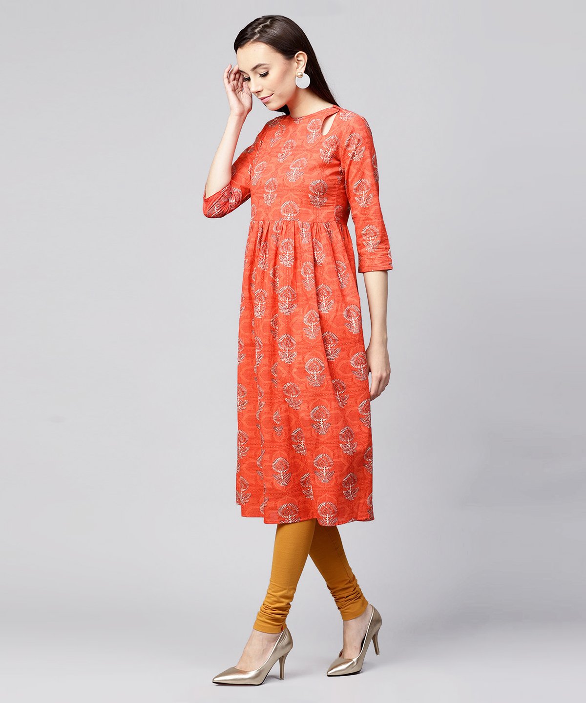 Red Printed 3/4Th Sleeve Cotton Anarkali Kurta | LASVINI - Redefining Indian Fashion with Elegance