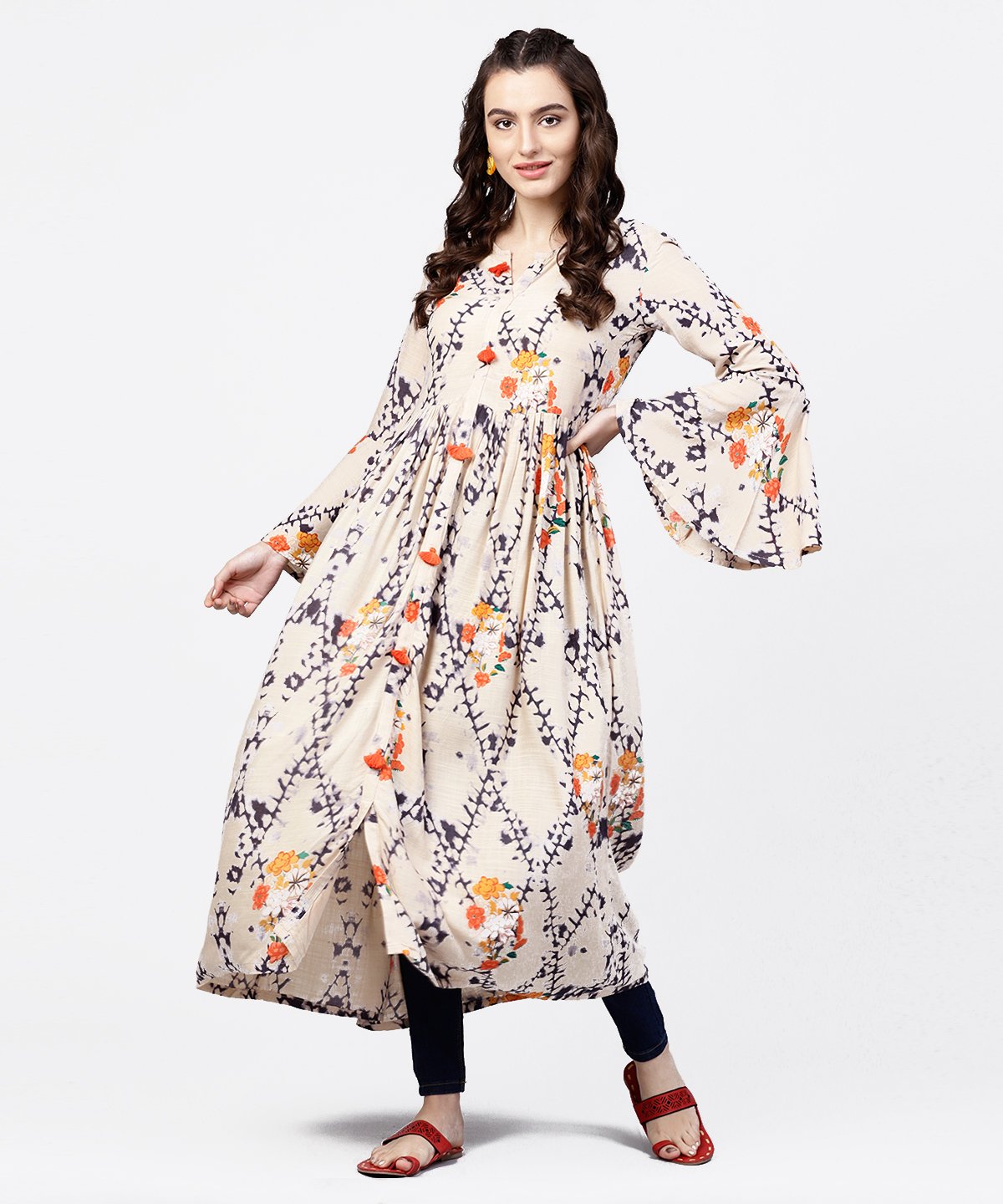 White Printed Full Sleeve Rayon Slub Anarkali Kurta | LASVINI - Redefining Indian Fashion with Elegance
