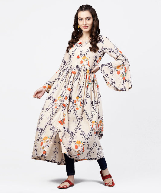 White Printed Full Sleeve Rayon Slub Anarkali Kurta | LASVINI - Redefining Indian Fashion with Elegance
