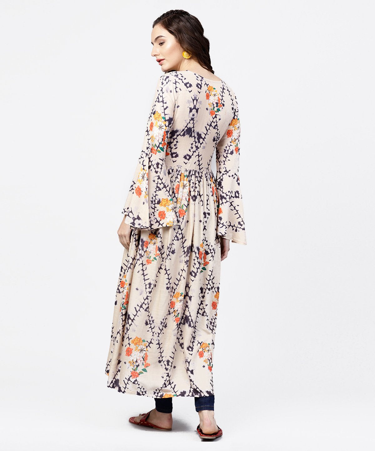 White Printed Full Sleeve Rayon Slub Anarkali Kurta | LASVINI - Redefining Indian Fashion with Elegance