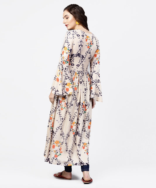 White Printed Full Sleeve Rayon Slub Anarkali Kurta | LASVINI - Redefining Indian Fashion with Elegance