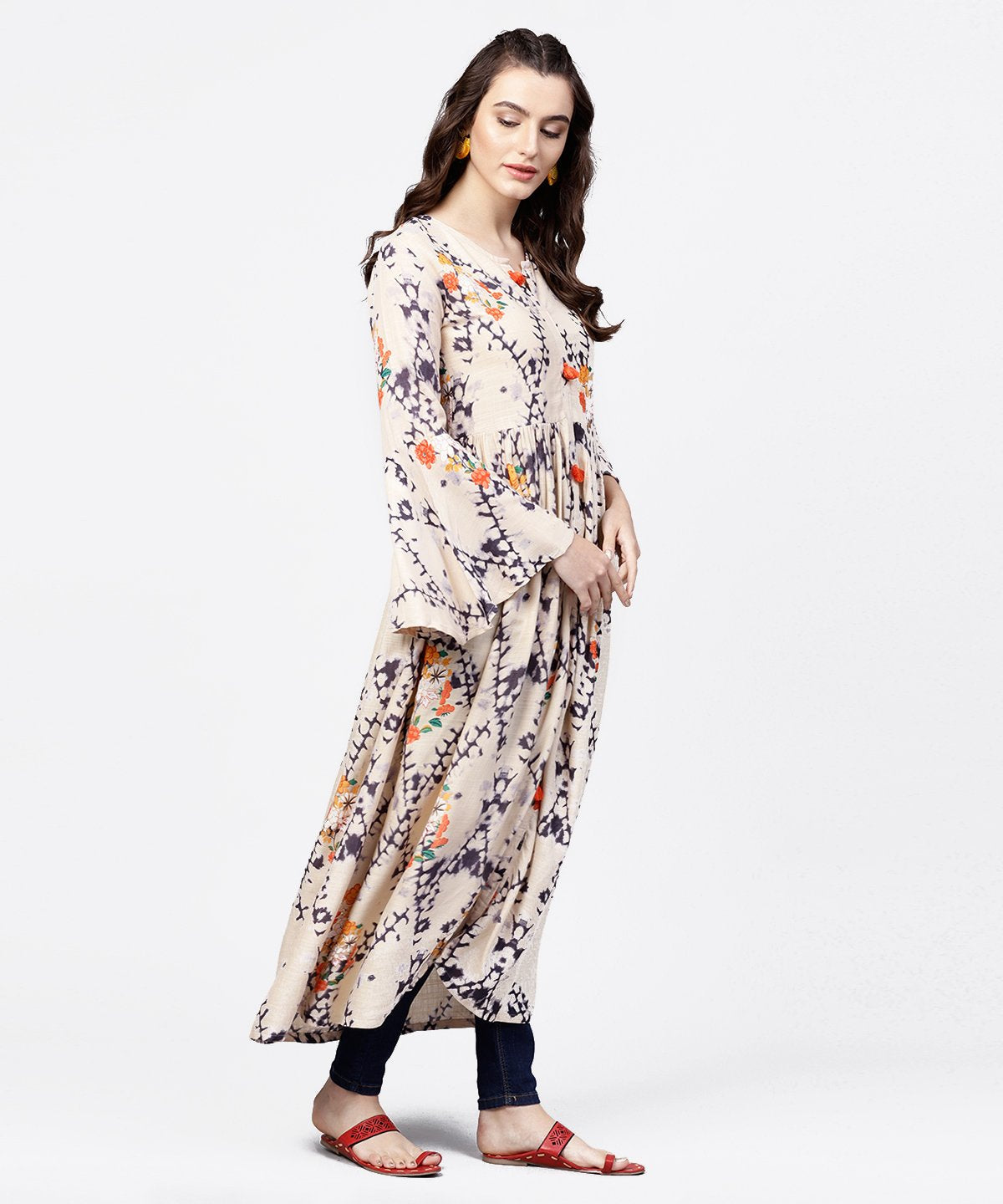 White Printed Full Sleeve Rayon Slub Anarkali Kurta | LASVINI - Redefining Indian Fashion with Elegance