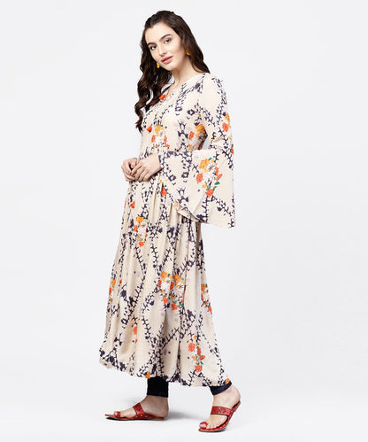 White Printed Full Sleeve Rayon Slub Anarkali Kurta | LASVINI - Redefining Indian Fashion with Elegance