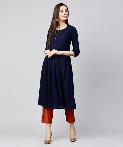 Solid Navy Blue 3/4Th Sleeve Cotton Slub Anarkali Kurta | LASVINI - Redefining Indian Fashion with Elegance