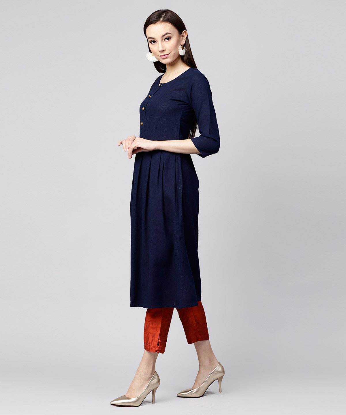 Solid Navy Blue 3/4Th Sleeve Cotton Slub Anarkali Kurta | LASVINI - Redefining Indian Fashion with Elegance