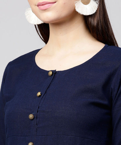 Solid Navy Blue 3/4Th Sleeve Cotton Slub Anarkali Kurta | LASVINI - Redefining Indian Fashion with Elegance