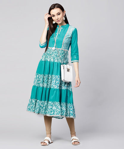 Blue Khadi Print 3/4Th Sleeve Rayon & Cotton Slub Tiered Anarkali Kurta | LASVINI - Redefining Indian Fashion with Elegance