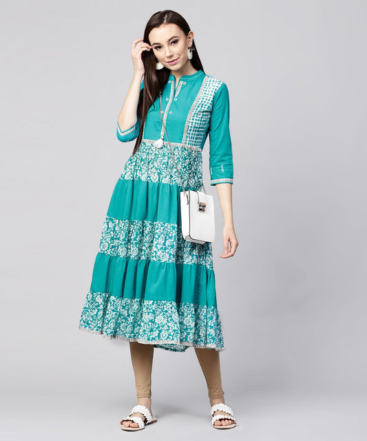 Blue Khadi Print 3/4Th Sleeve Rayon & Cotton Slub Tiered Anarkali Kurta | LASVINI - Redefining Indian Fashion with Elegance