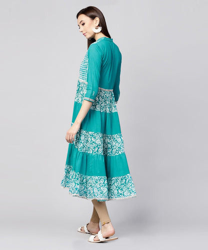 Blue Khadi Print 3/4Th Sleeve Rayon & Cotton Slub Tiered Anarkali Kurta | LASVINI - Redefining Indian Fashion with Elegance