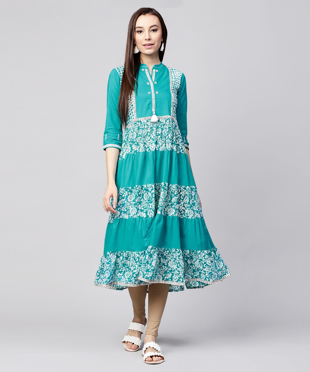 Blue Khadi Print 3/4Th Sleeve Rayon & Cotton Slub Tiered Anarkali Kurta | LASVINI - Redefining Indian Fashion with Elegance