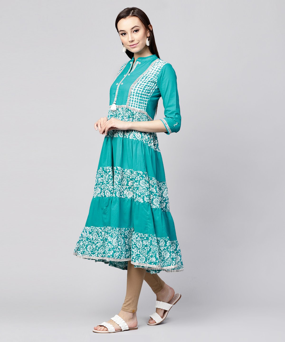 Blue Khadi Print 3/4Th Sleeve Rayon & Cotton Slub Tiered Anarkali Kurta | LASVINI - Redefining Indian Fashion with Elegance