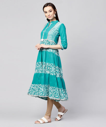 Blue Khadi Print 3/4Th Sleeve Rayon & Cotton Slub Tiered Anarkali Kurta | LASVINI - Redefining Indian Fashion with Elegance