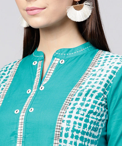 Blue Khadi Print 3/4Th Sleeve Rayon & Cotton Slub Tiered Anarkali Kurta | LASVINI - Redefining Indian Fashion with Elegance