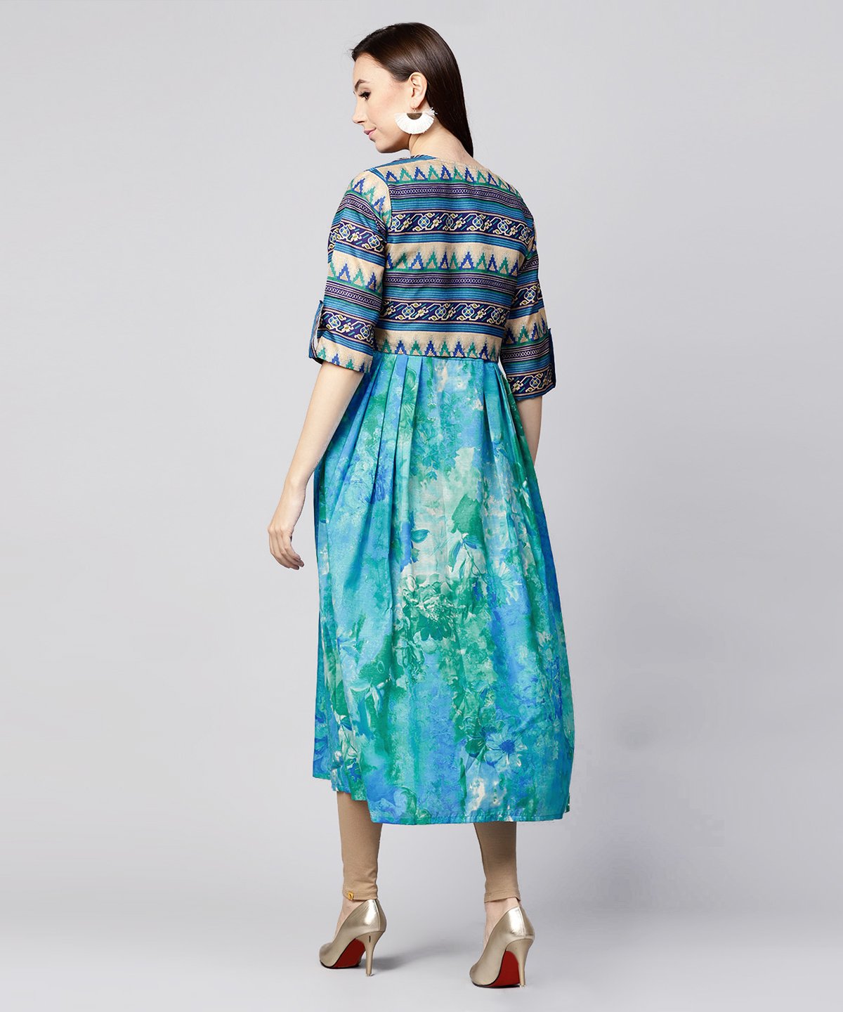 Blue Bangalori Printed Sleeveless A-Line Kurta With 3/4Th Sleeve Blouse Jacket | LASVINI - Redefining Indian Fashion with Elegance