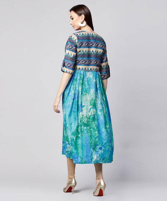 Blue Bangalori Printed Sleeveless A-Line Kurta With 3/4Th Sleeve Blouse Jacket | LASVINI - Redefining Indian Fashion with Elegance