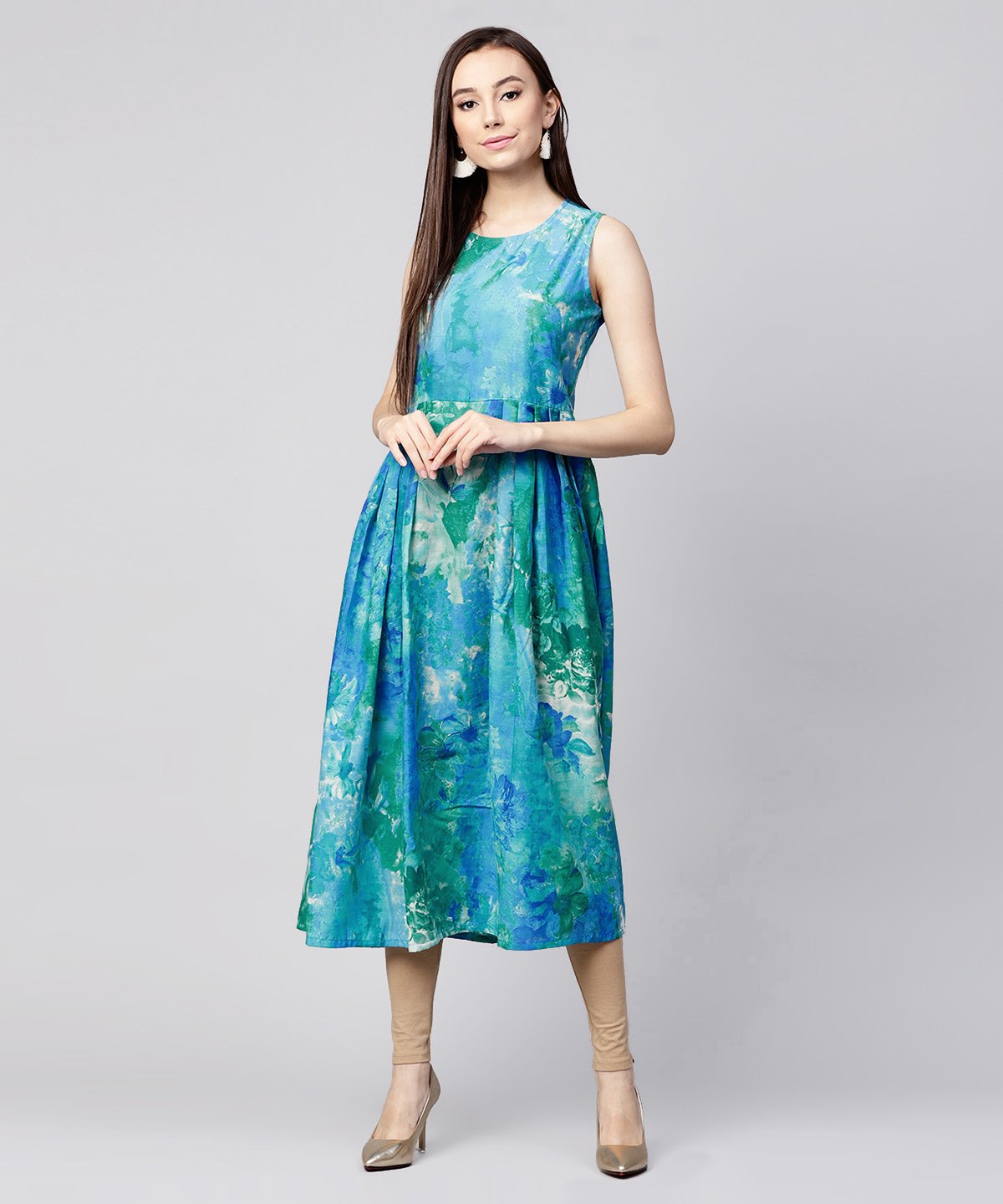Blue Bangalori Printed Sleeveless A-Line Kurta With 3/4Th Sleeve Blouse Jacket | LASVINI - Redefining Indian Fashion with Elegance