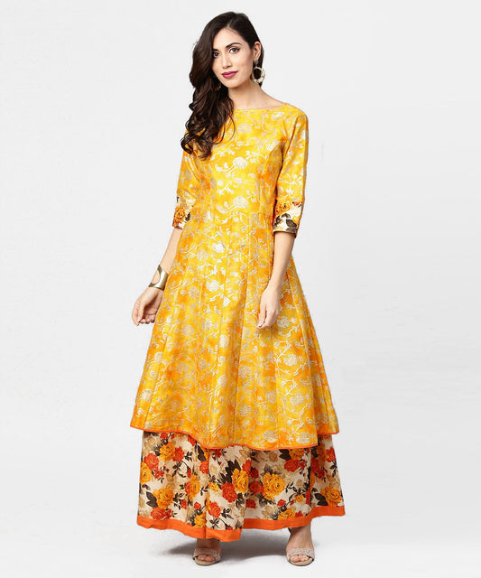 Yellow Banglori Printed 3/4Th Sleeve Double Layer Anarkali Kurta | LASVINI - Redefining Indian Fashion with Elegance