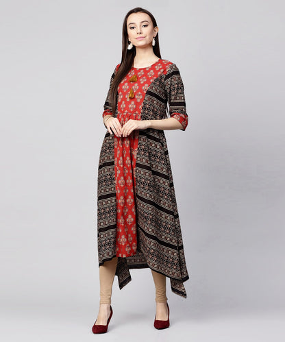 Red & Black Printed 3/4Th Sleeve Cotton A-Line Low-High Kurta | LASVINI - Redefining Indian Fashion with Elegance