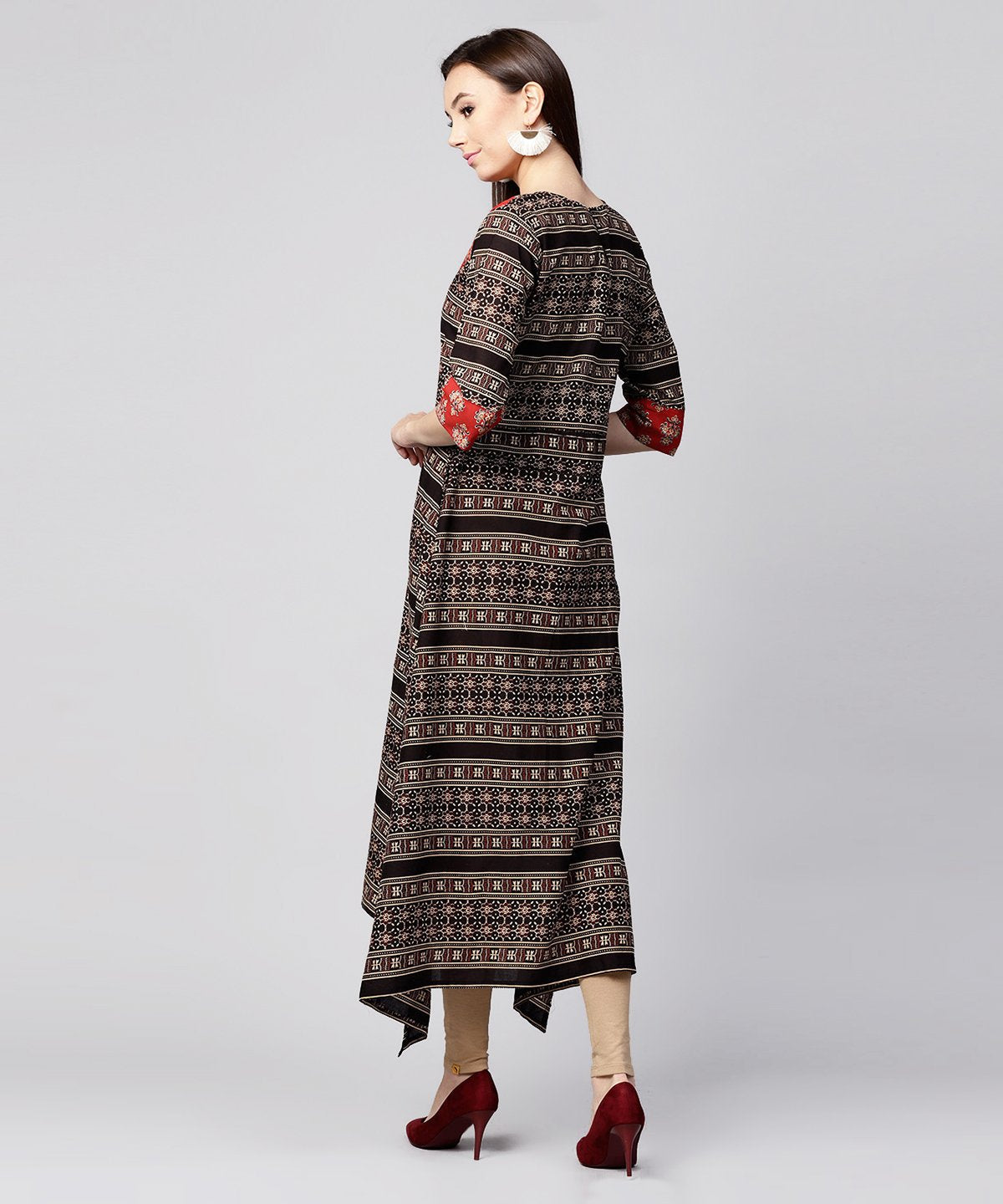 Red & Black Printed 3/4Th Sleeve Cotton A-Line Low-High Kurta | LASVINI - Redefining Indian Fashion with Elegance