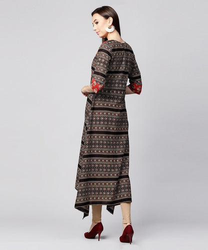 Red & Black Printed 3/4Th Sleeve Cotton A-Line Low-High Kurta | LASVINI - Redefining Indian Fashion with Elegance