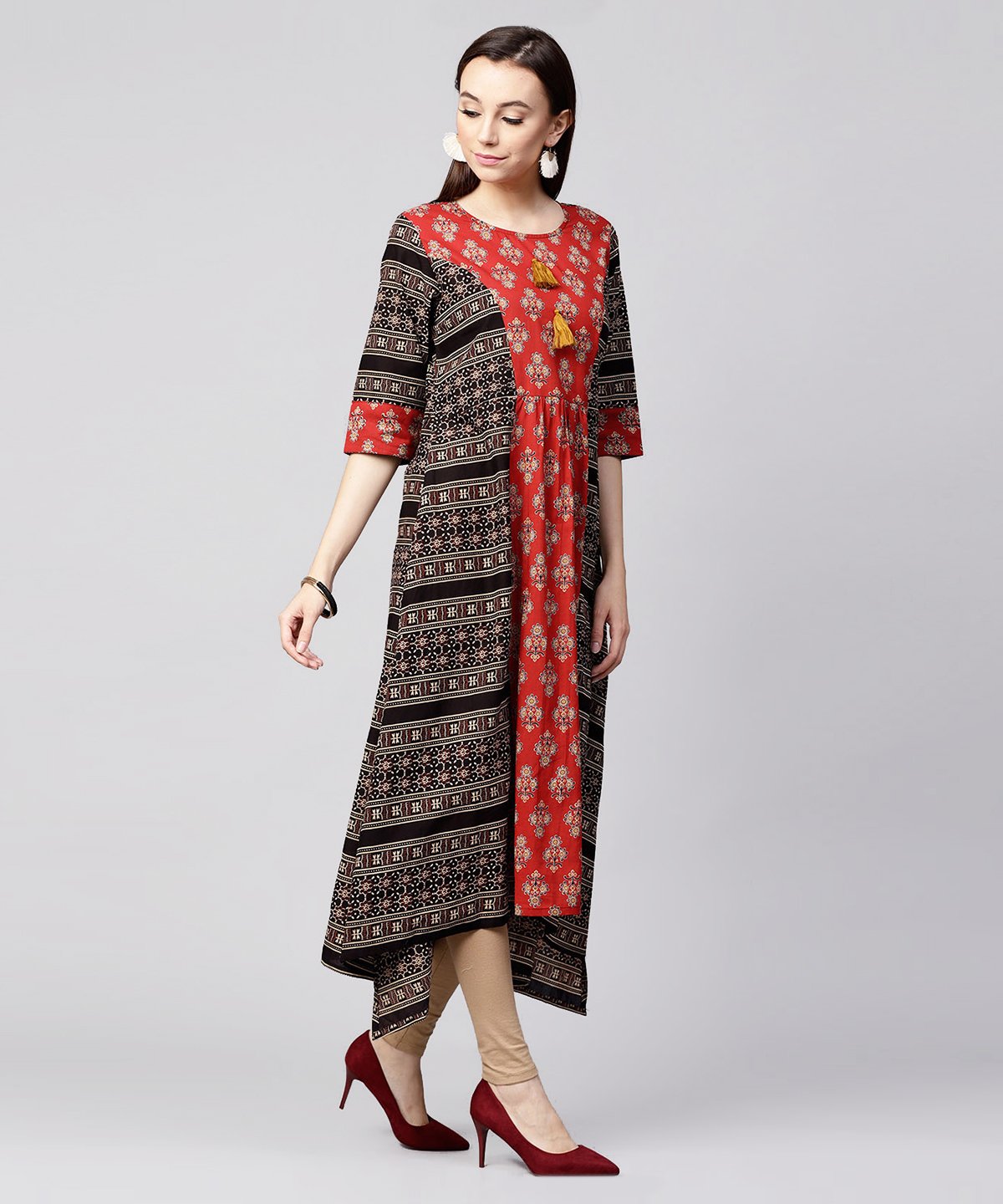 Red & Black Printed 3/4Th Sleeve Cotton A-Line Low-High Kurta | LASVINI - Redefining Indian Fashion with Elegance