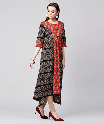Red & Black Printed 3/4Th Sleeve Cotton A-Line Low-High Kurta | LASVINI - Redefining Indian Fashion with Elegance