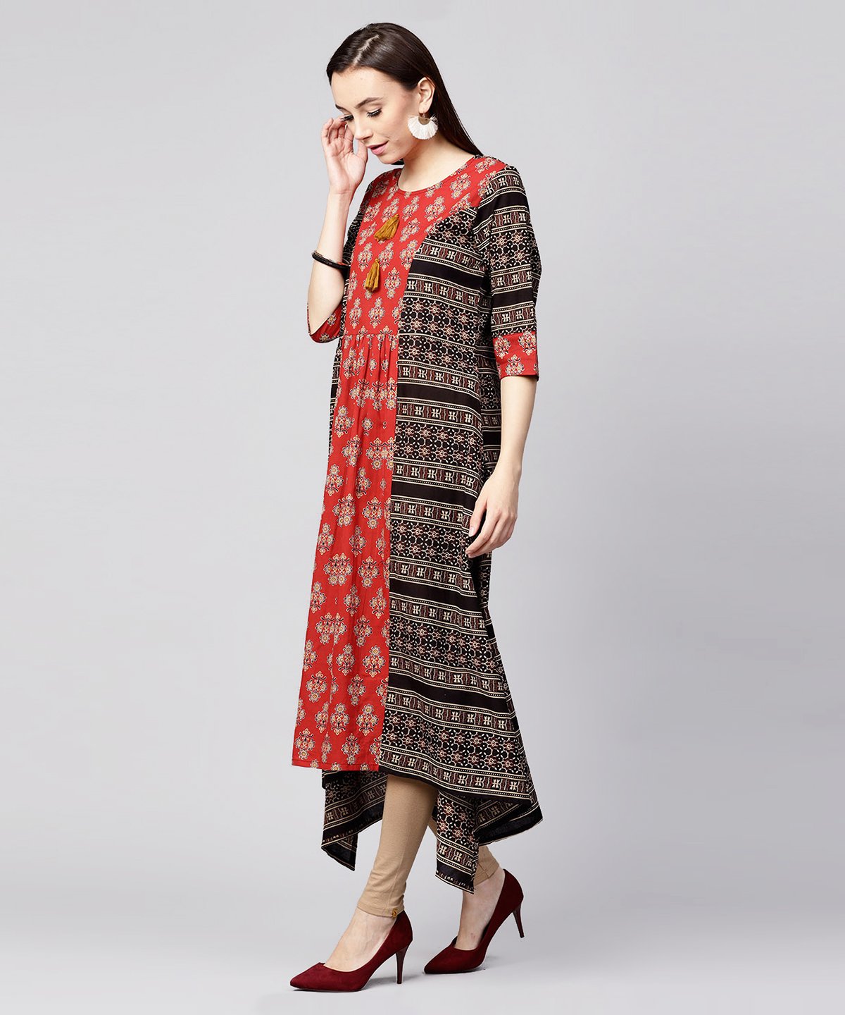 Red & Black Printed 3/4Th Sleeve Cotton A-Line Low-High Kurta | LASVINI - Redefining Indian Fashion with Elegance