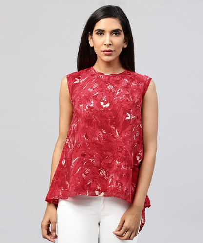 Red Sleeveless Silk Baleno Printed Low High Tops | LASVINI - Redefining Indian Fashion with Elegance