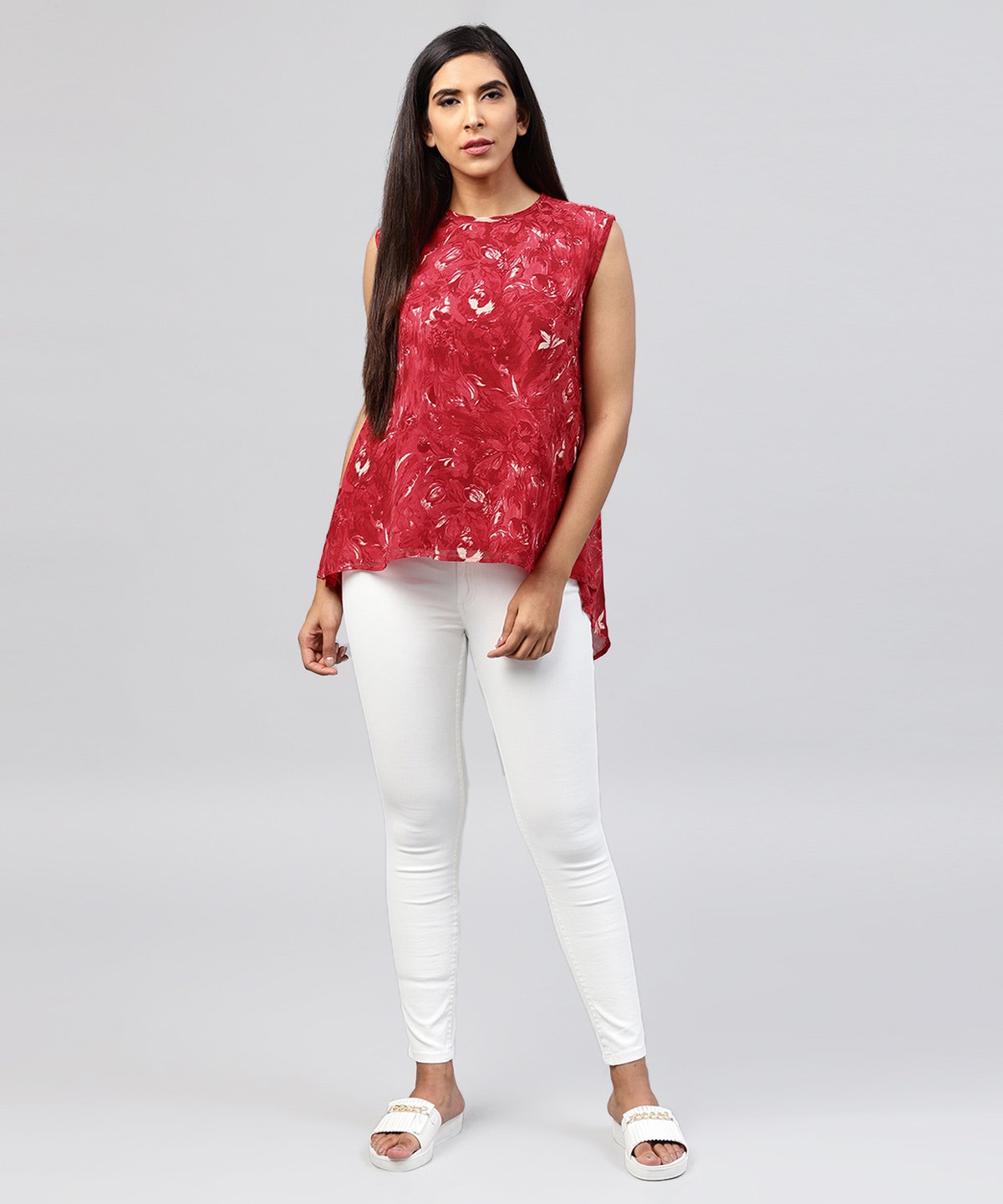 Red Sleeveless Silk Baleno Printed Low High Tops | LASVINI - Redefining Indian Fashion with Elegance