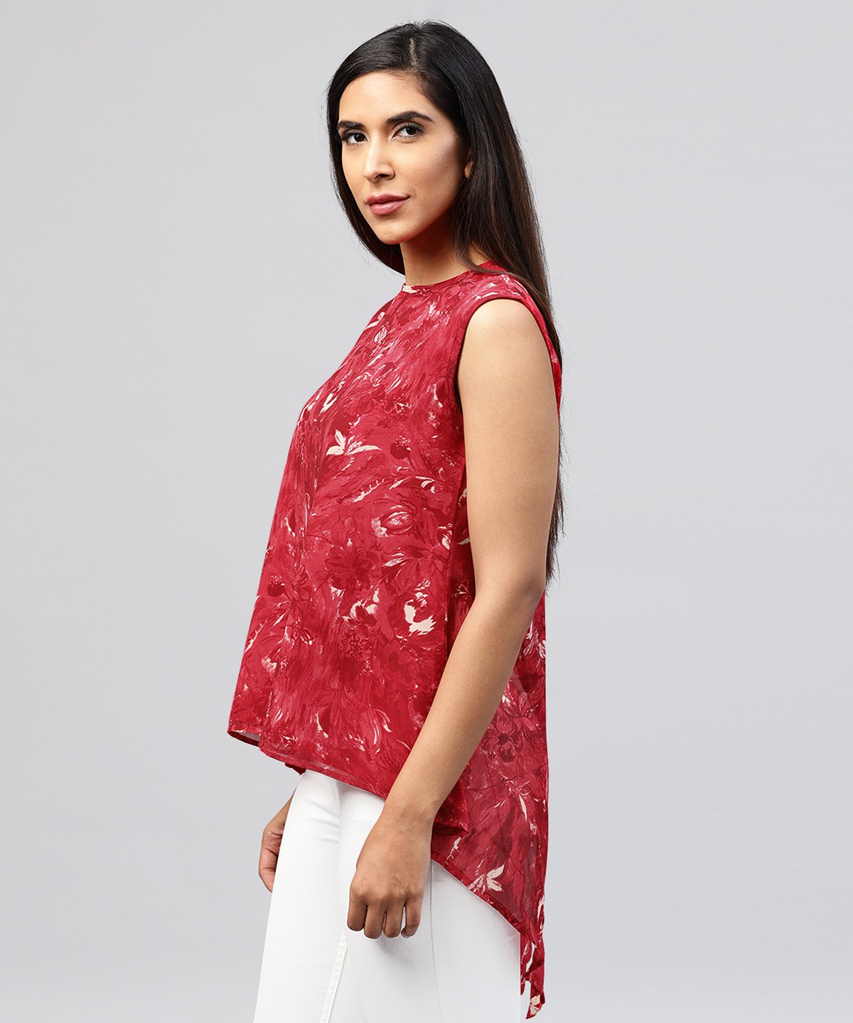 Red Sleeveless Silk Baleno Printed Low High Tops | LASVINI - Redefining Indian Fashion with Elegance