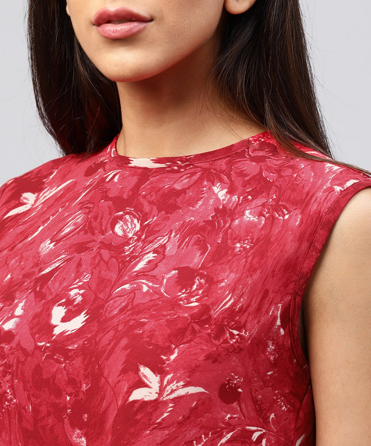 Red Sleeveless Silk Baleno Printed Low High Tops | LASVINI - Redefining Indian Fashion with Elegance