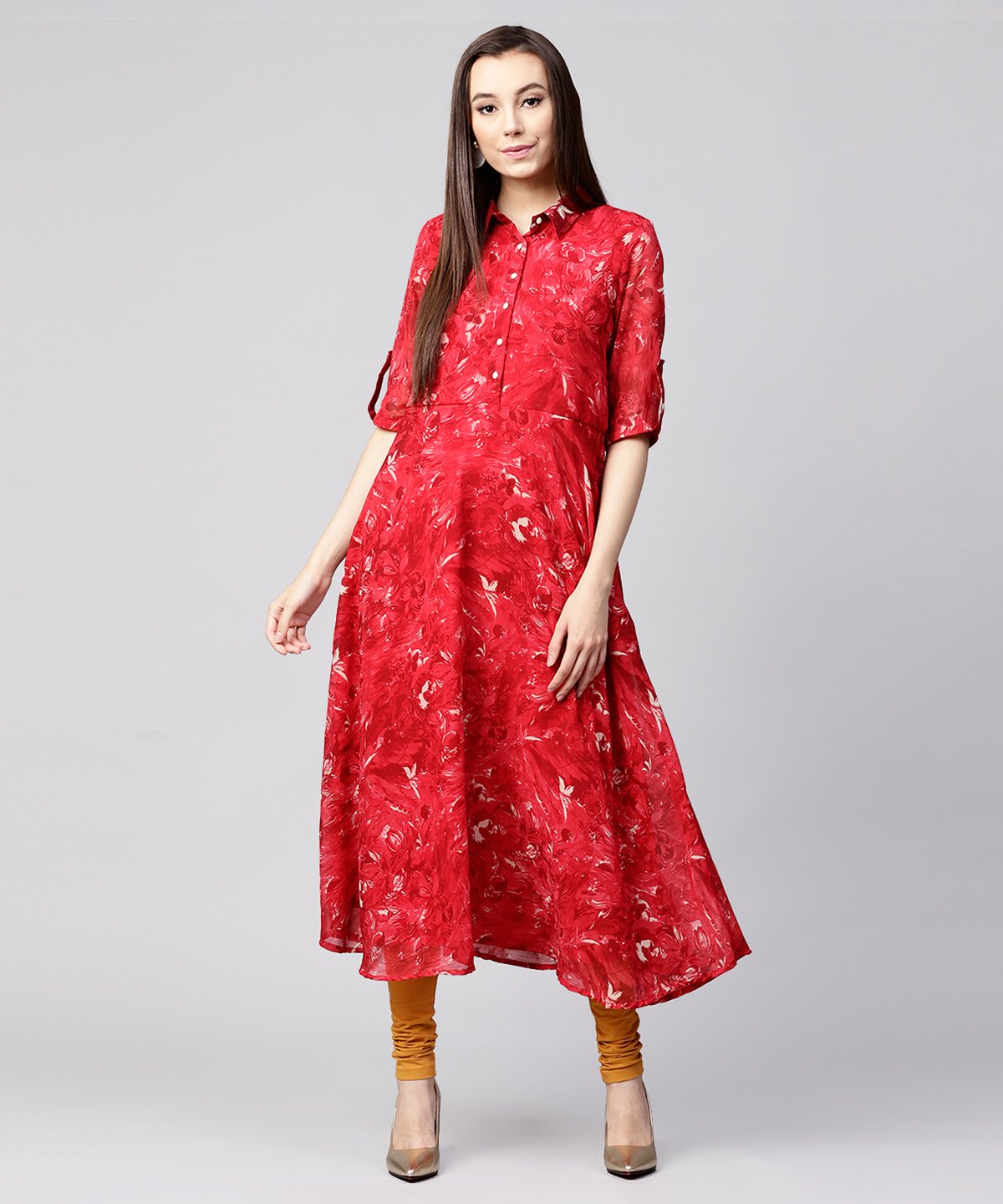 Red 3/4Th Sleeve Silk Baleno Printed Anarkali Kurta | LASVINI - Redefining Indian Fashion with Elegance
